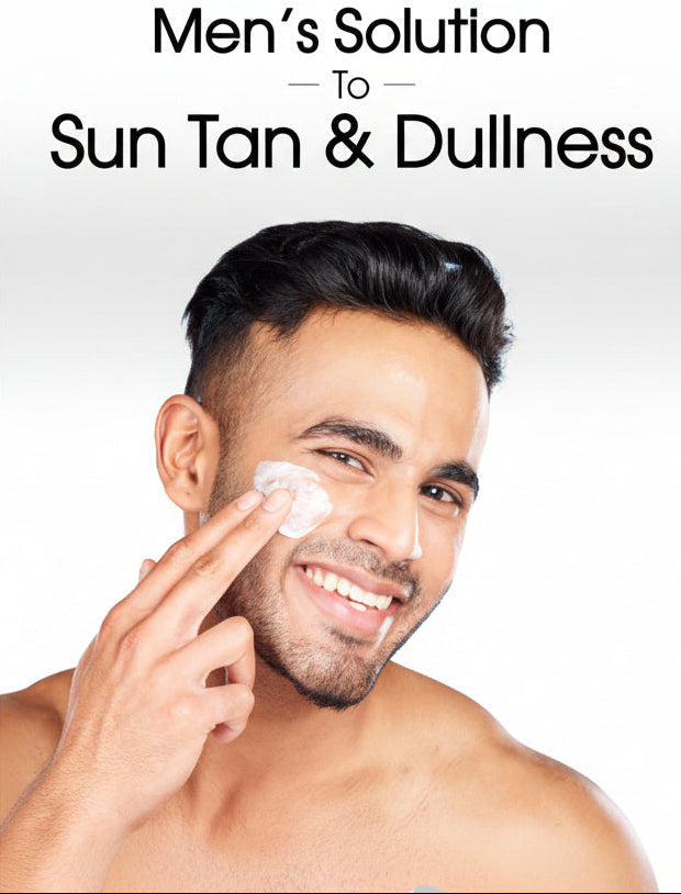 Man applying cream to his face with a product labeled 'Men's Solution' for sun tan and dullness on a white background.